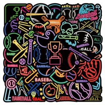 55 piezas Paquete de pegatinas de béisbol neón - Calcomanías reutilizables para portátiles, patinetas, botellas de agua y talla grande - Diseños de dibujos animados lindos para proyectos DIY y regalos de fiesta, perfecto para invierno, Año Nuevo