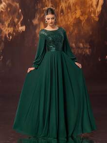 YISIKADO Elegantes Maxikleid für Damen mit Pailletten-Verzierung, weitem Saum und rundem Ausschnitt - Dunkelgrün - Übersicht 5