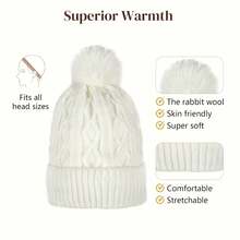 针织帽，配有长波浪卷发接发，加厚内衬，20英寸合成假发，可拆卸发片，保暖绒球，适合女性冬季佩戴，自然风格 - 彩色 - 查看 6