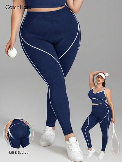 Leggings de yoga sin costuras acanalados de talla grande, azul marino con ribete blanco, pantalones de entrenamiento de cintura alta que levantan el trasero, primavera