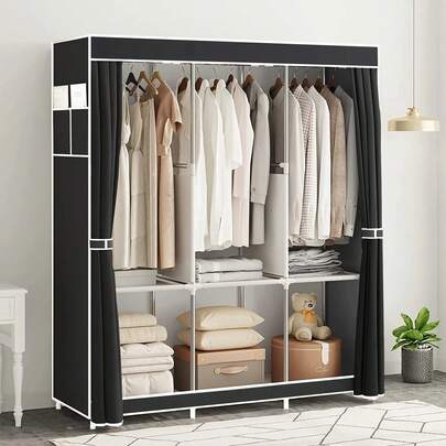 Armario portátil para dormitorio hecho de tubos de acero de 19 mm de diámetro resistentes. Un armario portátil negro para colgar ropa, con 3 barras colgantes, 6 estantes de almacenamiento y bolsillos laterales.