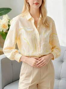 优雅女士长袖印花法式衬衫，纽扣开合，衬衫领设计，通勤上衣 - 淡黃色 - 查看 6