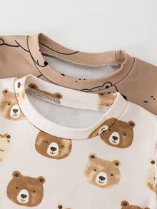 Conjunto de 4 piezas de ropa de estar para bebé de primavera y otoño con estampado completo de elementos lindos de oso, que incluye top de cuello redondo de manga larga, pantalones, adecuado para uso diario con tela cómoda - Multicolor - Ver 6