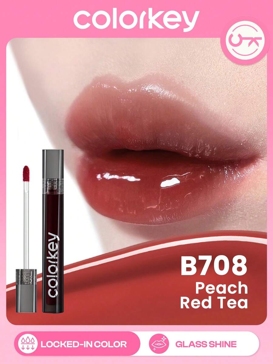 COLORKEY Mirror Gloss Lip Tint, Shiny Moisturizing Lip Gloss, Non-Sticky, Long-Lasting, Nourishing Lip Makeup. Liquid Lipstick, Super Hydrating Lip Gloss, Caring For Lips, Creating Exquisite Lip Makeup, Lipstick Lip Cosmetics Lip Plumper Lip Combo Brand Beauty Makeup Face Paint Cosmetic For Women Girls Perfect For Spring Summer Ideal For Y2K Fancy Fashion Suitable For 90s Makeup Birthday Mother'S Day Gift Rave Party Ready Best Color - B708 Peach Red Tea - 查看 1
