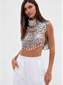 1pc Sparkling Full Crystal Rhinestone Silver-Plated Tassel Sexy Women's Body Chain Bra Top, Mesh Tassel Chest Chain Jewelry Necklace Lingerie, Luxury Crystal Body Jewelry Bikini Bra, Nightclub Shiny Mesh Tassel Rhinestone Bra Chain Pendant Body Chain Accessory, Sexy, Fashionable, High-End Crystal Embellished Chest Chain Top - Silver - View 5