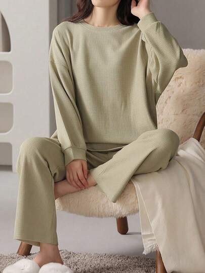 AICJ 两件套女士纯色休闲简约华夫格针织保暖睡衣套装，长袖上衣和长裤，适合春、秋、冬三季穿着。