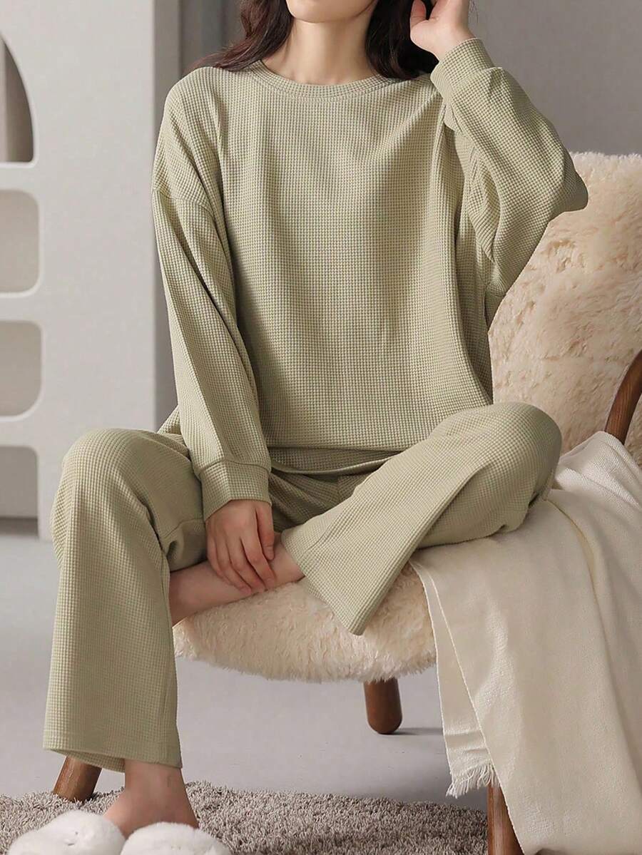 AICJ 純色休閒極簡風華夫格針織女款居家睡衣套裝,長袖上衣與長褲,2件套,適合春夏秋冬 - 橄欖綠 - 查看 1