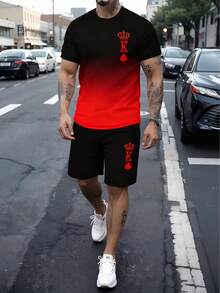 AICJ 2pcs/Set Men Casual Sleepwear Set, Crown & Playing Card Pattern T-Shirt Top With Pocket, Shorts Pants, Loungewear For Spring & Summer