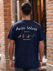 男士夏季企鹅冲浪字母印花图案圆领短袖休闲T恤 - 藏蓝色 - 查看 3