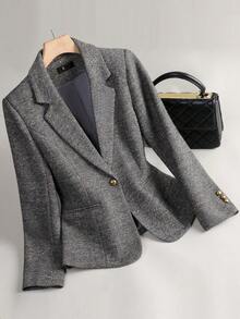 女士高级羊毛混纺西装外套，休闲优雅女士套装，加厚设计，2025秋冬新款 - 灰色 - 查看 6