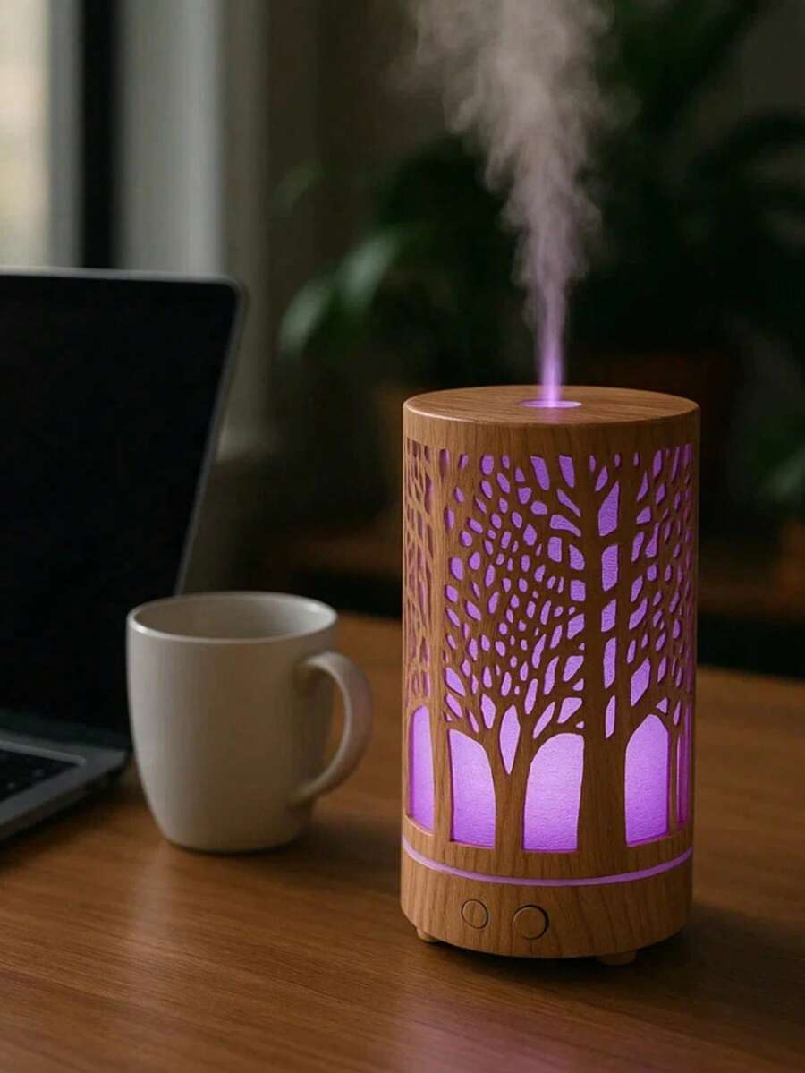 Umidificador de Ar com LED 7 Cores, Controle Remoto, Temporizador e Design Madeira – 200mL USB