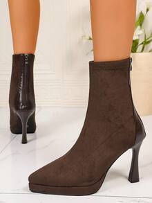 女士尖头细高跟踝靴，采用尖头设计，中筒拉链装饰，细高跟，尖头现代短靴，时尚通勤风格，适合女性日常工作、秋冬季派对场合，多种颜色可选，麂皮材质，时尚尖头细高跟踝靴 - 棕色 - 查看 6