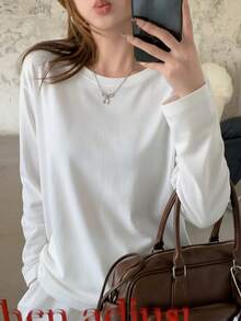 白色女士T恤，简约圆领上衣，秋季休闲春季新品 - 白色 - 查看 1