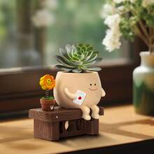 Cute Cartoon With A Smile Small Flower Bench, Succulent Flowerpot, Excellent Indoor Decoration, Unique Home/Office Flowerpot, Perfect Gift For Plant Enthusiasts - 杏色 - 查看 6