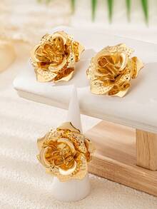 3pcs Exquisite Rose Flower Earrings & Ring Set, Elegant & Fashionable, Suitable For Women's Daily And Party Wear