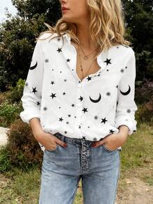女款星月靓丽印花纽扣优雅长袖翻领衬衫白色宽松休闲印花落肩长袖衬衫春夏长袖上衣 - 白色 - 查看 4