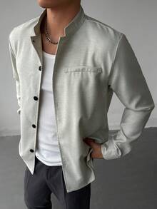 WAIT HIM Men's Solid Color Regular Shoulder Casual Solid Color Shacket - Light Grey - View 7