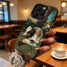 Cubierta de telefono transparente con diseño de niña leyendo con vaca en campo verde para iPhone 14 Pro Max estilo vintage ideal para uso diario en cafeterias y salas de estar - Negro - Ver 7