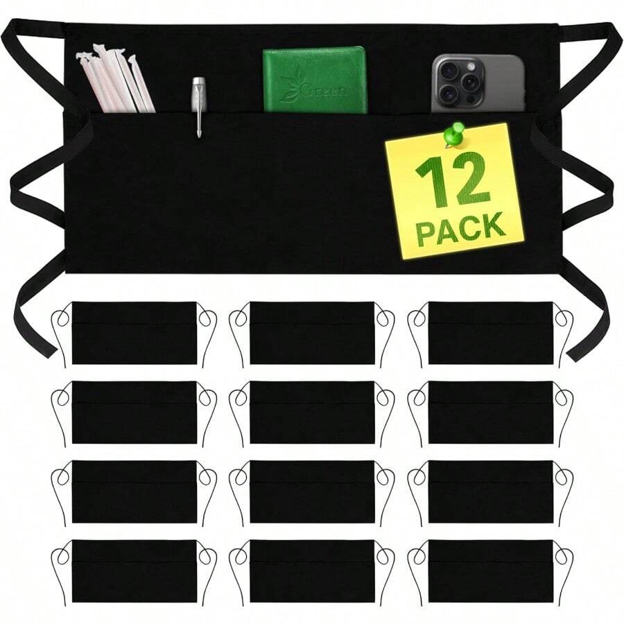 GREEN LIFESTYLE Water Resistant Waist Apron With 3 Pockets For Kitchen Staff And Restaurant Workers Reinforced Seams And Long Adjustable Strap Half Apron Design Ideal For Food Service Cooking And Catering Environments 12 Pack In Black For Durable And Practical Use - Server12Pack - Xem 1