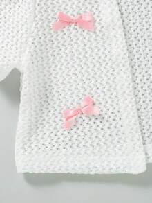 2pcs/Set Pakaian Kasual Anak Perempuan Warna Polos dengan Hiasan Pita, Atasan Kardigan Lengan Pendek dan Gaun Kasual Selutut dengan Tali Bahu Tipis, Musim Panas - Berwarna merah muda - View 6