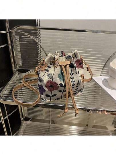 Cute Women Bucket Bag, Adorable Floral Handbag, Flower Wallet, Mini Embroidered Boho Style Bag, Drawstring Wallet, Crossbody Bag, Mini Bag