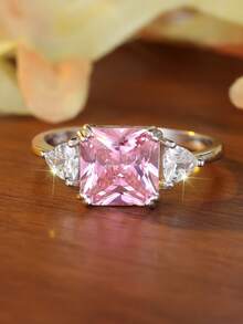 1 Peça Anel de Prata Esterlina 925 com Zircônia Cúbica Rosa Quadrada Luxuoso e Atraente, Presente de Moda, Festa/Aniversário/Noivado/Casamento/Aniversário/Dia dos Namorados para Mulheres - Rosa chiclete - Visão 12