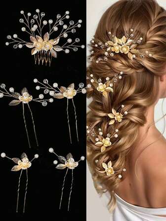 5pcs European & American Style Handmade Pearl Flower & Golden Leaf U-Shaped Hair Comb, Bridal Wedding Hair Accessories Set