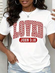 Loved John 316 Christian T Shirt Red Checkered Design White Cotton Tee Women Faith Inspired Apparel Bible - 白色 - 查看 1