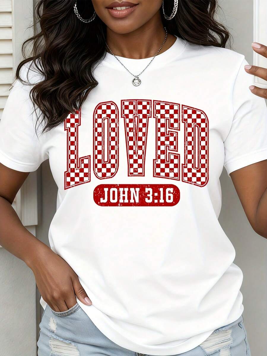 Loved John 316 Christian T Shirt Red Checkered Design White Cotton Tee Women Faith Inspired Apparel Bible - 白色 - 查看 1