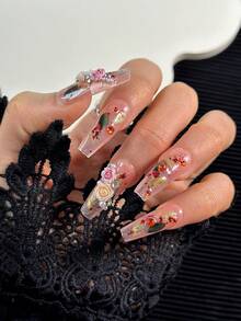 Coffin Nails French Press-On Nails With 3D Hand-Painted Floral Art, Crystal Rhinestones & Gold Glitter Designs, Multicolor DIY Glossy Artificial Full-Cover Nail Set, 10pcs/Bag - Multicolor - View 4