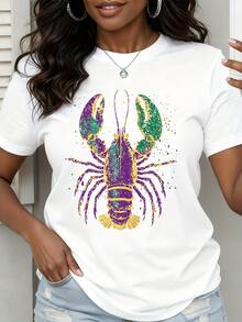 Mardi Gras Lobster T Shirt Purple Green Gold Sparkle Design Women Casual Summer Top - trắng - Xem 1