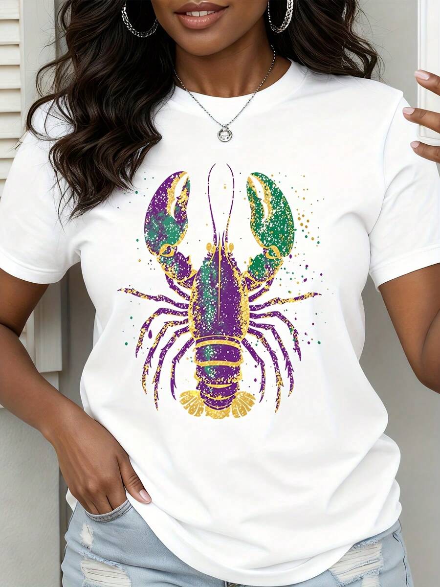 Mardi Gras Lobster T Shirt Purple Green Gold Sparkle Design Women Casual Summer Top - trắng - Xem 1