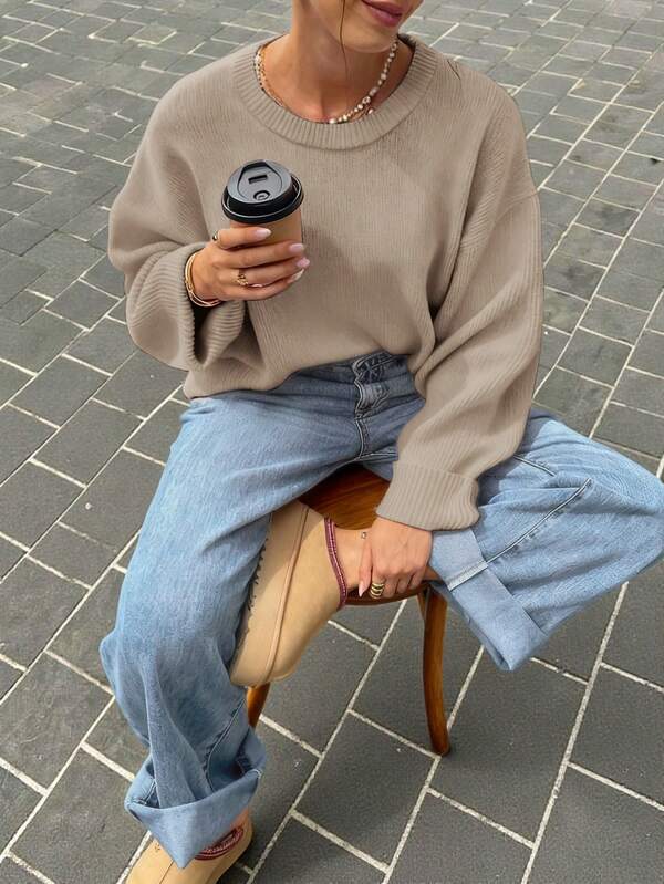 FOR BEAUTY Autumn And Winter New Round Neck Long Sleeve Solid Color Minimalist Knit Sweater For Women, New Casual Commuting Sweater, Soft And Comfortable Loose Pullover, Fashionable Top For New Year