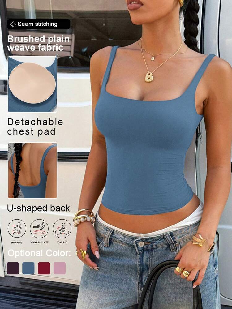 Aoqta Sports 女士夏季休闲纯色吊带背心，无袖露背带胸垫修身运动背心，适合瑜伽、跑步、健身、日常穿着 - 牛仔藍 - 查看 1