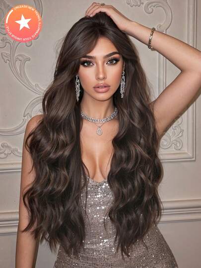 30英寸优雅波浪假发，8字形刘海，深棕色长卷发假发，耐热合成纤维假发，适合女性，是度假、派对和日常佩戴的理想之选。