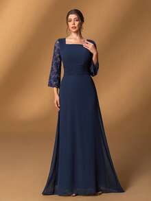 Faeriesty Mosy优雅新娘母亲礼服：方领设计，蕾丝喇叭袖，A字裙摆，适合正式婚礼、盛大晚宴、豪华宴会、慈善舞会和歌剧之夜等场合。新年装扮 - 藏蓝色 - 查看 2