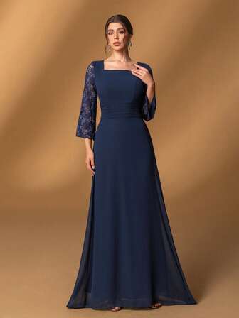Faeriesty Mosy​ ​Elegant Mother Of The Bride Dress: Square Neckline With Lace Bell Sleeves & Flattering A-Line Skirt For Formal Weddings, Gala Dinners, Luxury Banquets, Charity Balls, And Opera Nights​ New Year Outfit