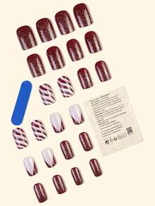 24 piezas Uñas postizas rojas cortas con estilo francés, uñas Y2K, uñas cuadradas de moda con degradado, brillo, patrones geométricos y rayas, estilo simple, uñas acrílicas postizas reutilizables, incluye 24 piezas de pegatinas de gel y una lima pequeña