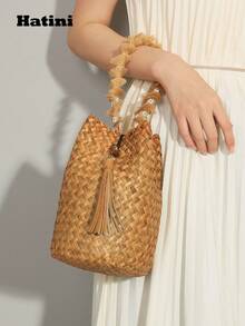 1pc Bohemian Style, Fashionable Tassel Woven Bag, Casual Vacation Beach Tote, Outdoor Picnic Party Handbag, Suitable For Women Office, Commute, Date, Shopping, Leisure, Vacation, Beach, Music Festival, Party, Wedding, School (Natural Grass Woven Color May Vary Slightly), Boho - Màu Khaki - Xem 3