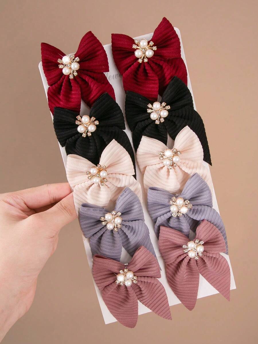 10pcs Girls Pearl Rhinestone Fabric Bow Hair Clips, Minimalist Side Bangs Clips, Alligator Hair Clips, Back To School Hair Accessories, Suitable For Daily Use - Multicolor - View 1