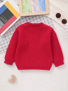 Unisex Baby Classic Solid Color Crew Neck Knit Sweater Top, Crew Neck Design, Solid Color Design, Solid Color More Suitable For Handmade Embroidery By Mothers, Add Some Elements Mothers Like, Suitable For Casual Wear Or Layering - Red - View 6
