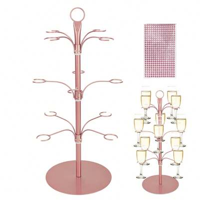 Wine Glass Tree - 3-Tier Stemware Holder In Brushed Rose Gold, 12-Hole Rack For Cocktail & Champagne Glasses, Includes Crystal Stickers For Decoration