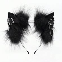 Handmade Realistic Animal Ear Headband Plush Cat Ear Metal Punk Chain Cosplay Comic Exhibition Prop Headwear Ears European And American Style - 黑色 - 查看 9
