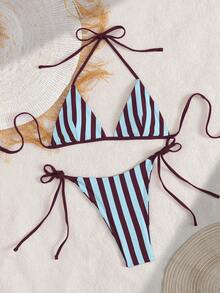 女士性感时尚两件式泳衣，紫色，随机印花，适合夏季海滩度假 - 藍棕色 - 查看 5