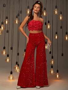 And Fashionable Women's Suit, One Neck Strapless, Applique Technique, Mid Waist Slimming Pants, Solid Color Sequins, Fashionable Casual Wide Leg Pants, Cocktail Party, Party, Christmas, Nightclub, Banquet, Film Festival, Cinema, Dance Party, Cocktail Party, Bar, Wedding, Graduation Ceremony, Back-To-School, Birthday Party, Rebellious Girl, Festival-Themed Party, Outwear, Street Fashion, Fashion Show, Date, Easter, Mother's Day, Going To Work At University, School, Village, Concert, Street Girl, Young Girl, Country Outfits For Women, Best Outwear For Women, Women's Vacation Clothing, Country Concert Outfit, Country Outfits For Women, Streetwear, Concert Outfit For Women, Boho Women's Clothing, Country Concert Outfit, Concert Outfits, Vaquera Outfit, Y2K Clothes, Women's Club Outfits, Y2K Women's Clothes, Women's Clothing, Country Concert Outfit For Women - 紅色 - 查看 6