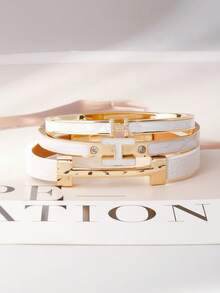 3pcs Fashionable Chic Golden Letter Leather Bracelets, Gifts For Girlfriend - 3pcs - Shell Color - View 4