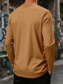 Áo thun nam tay dài cổ tròn màu trơn, đa năng, thường ngày - Màu Khaki - Xem 2