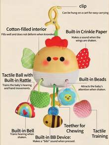 1个多功能螃蟹牙胶玩具，带铃铛、摇铃、镜子、牙胶和夹子，柔软毛绒悬挂玩具，带有感官珠和发声器，卡通红色动物造型，适用于婴儿床/婴儿车/汽车座椅，安抚宝宝，非常适合旅行/午睡/室内玩耍