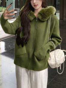 女款休闲毛领连帽针织开衫，宽松修身，秋季 - 綠色 - 查看 2