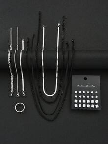 3-55 件男士休闲嘻哈不锈钢十字架多层项链首饰套装，不锈钢手链、戒指、皮革手链、方晶锆石耳环，适合日常佩戴、约会、生日、节日礼物（无盒） - 男士飾品 - 查看 13